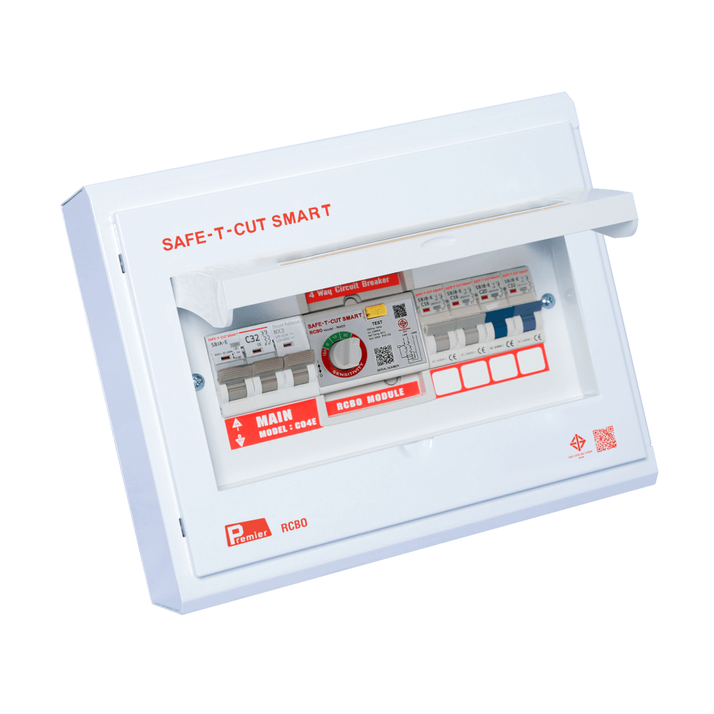 ชุดตู้คอนซูมเมอร์ 4 ช่อง เบรคเกอร์กันดูด 32 แอมป์ เซฟ-ที-คัท สมาร์ท รุ่น PREMIER RCBO